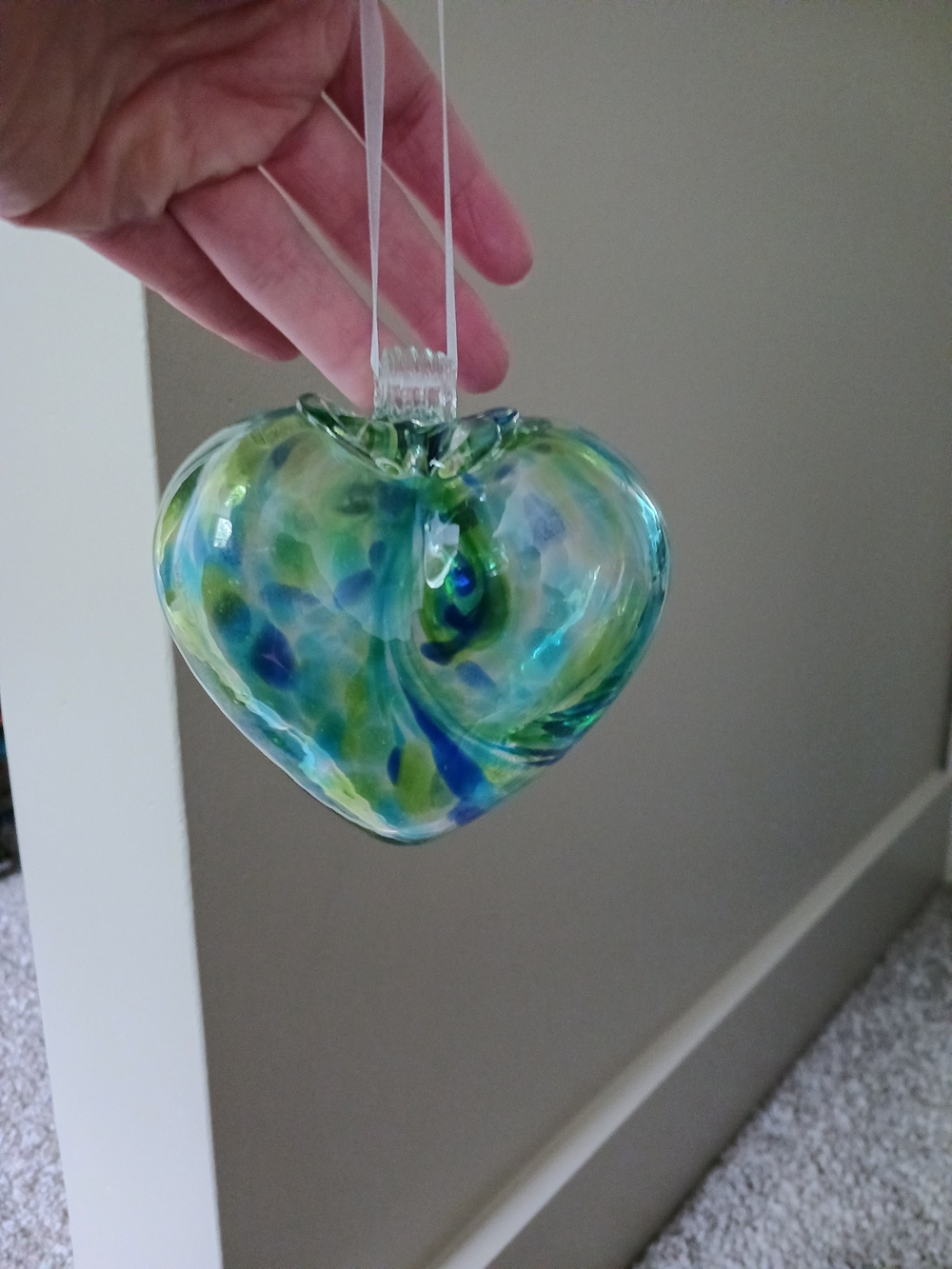 Hand-Blown Glass Heart Ornament in Blue-Green - Picture 2 of 8